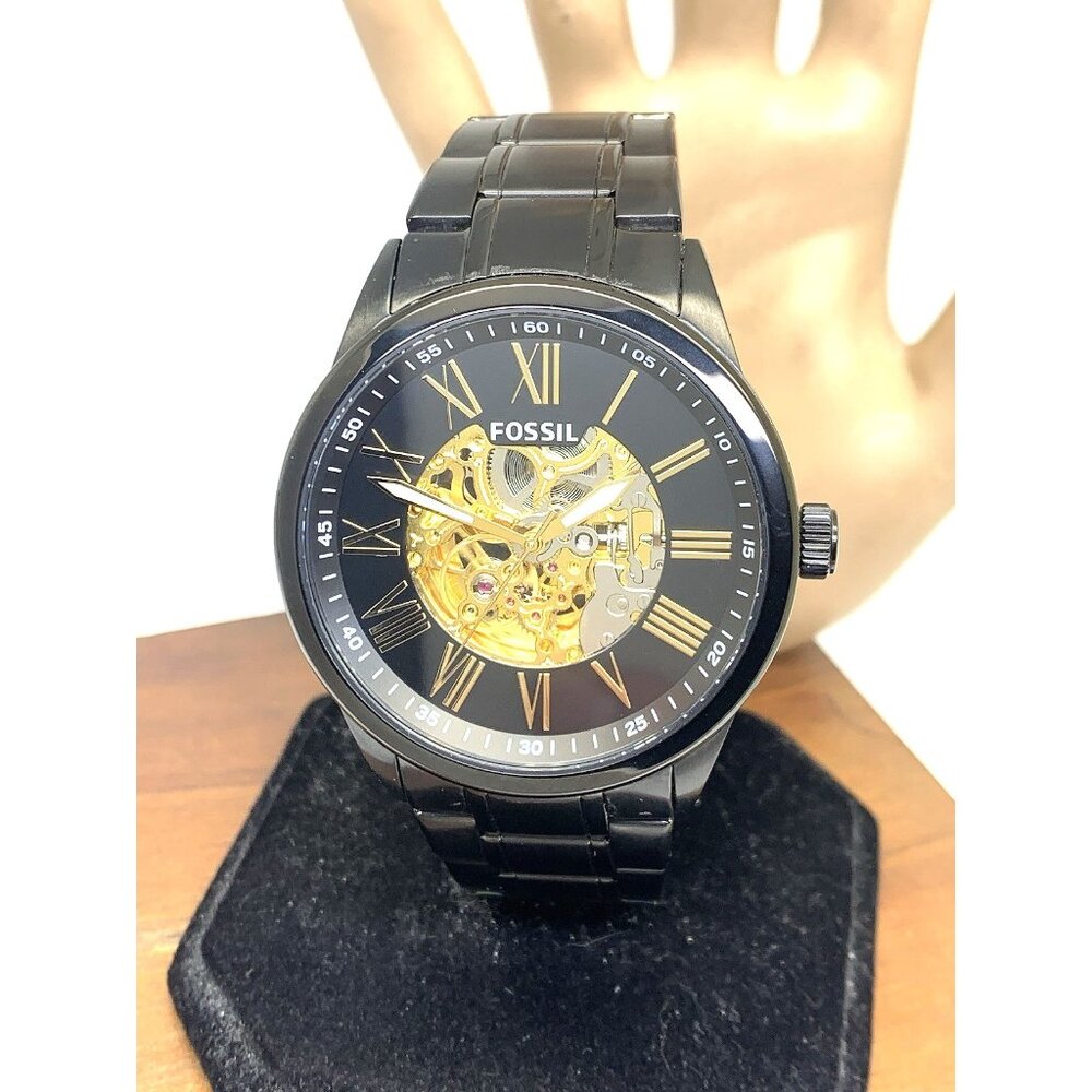 Fossil Men's Watch BQ2092 Flynn Automatic Gold Black Dial Stainless Steel 48mm